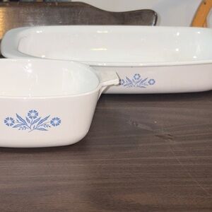 set of vintage CorningWare dishes with the "Blue Cornflower" pattern.